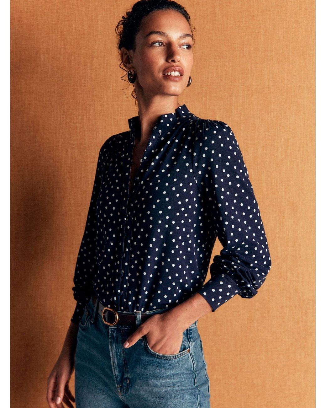 Boden Blue Isla Funnel Neck Button Blouse