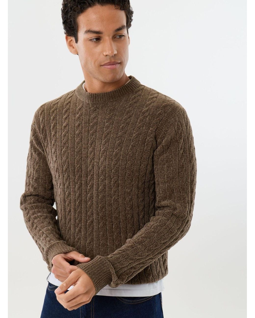 Threadbare Brown Fluffy Cable Knit Crew Neck Jumper for men