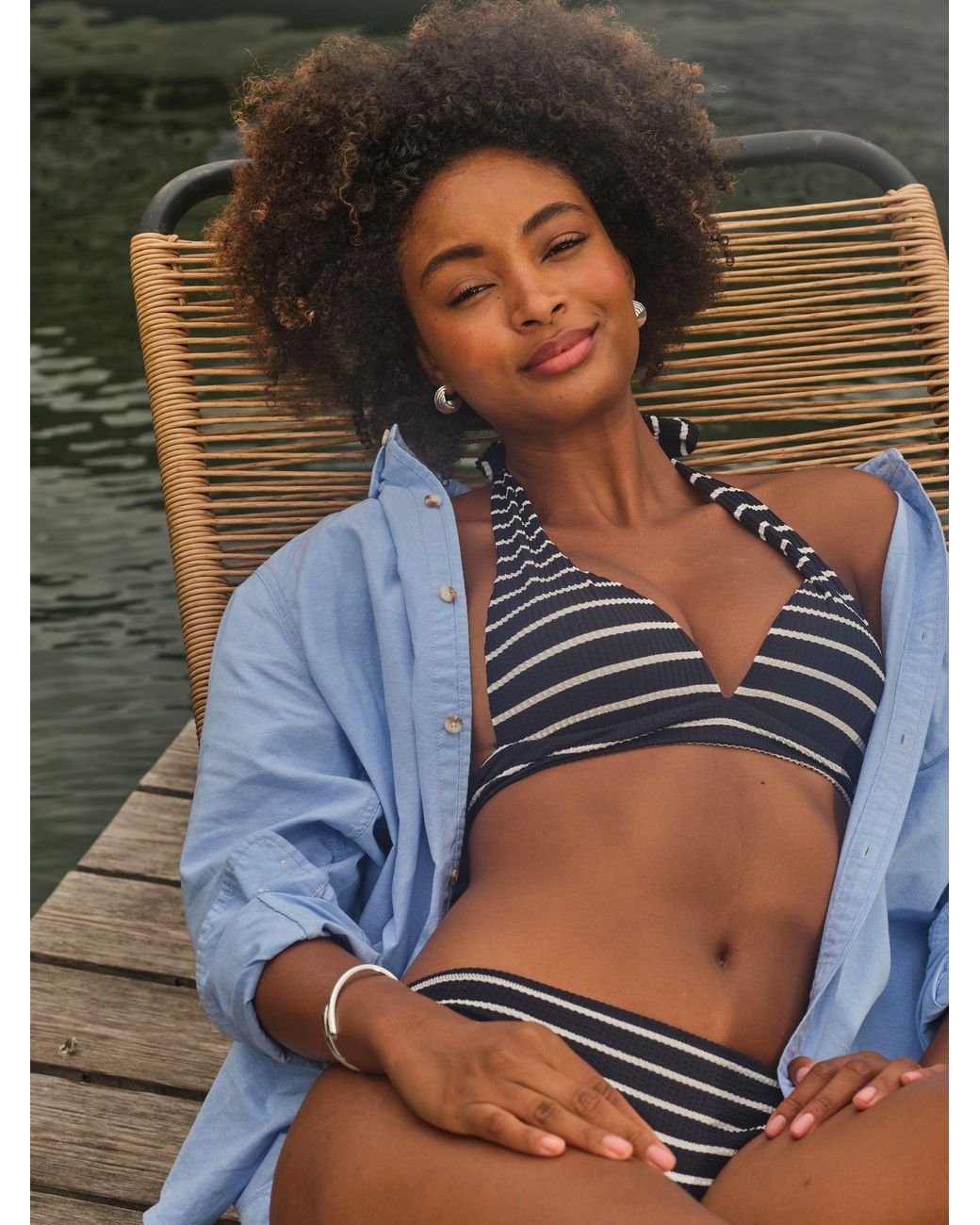 FatFace Green Cody Textured Breton Stripe Bikini Top