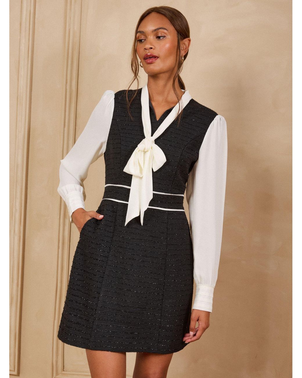 Love & Roses Monochrome Tailored 2 In1 Boucle Mini Dress With Tie Neck in Black