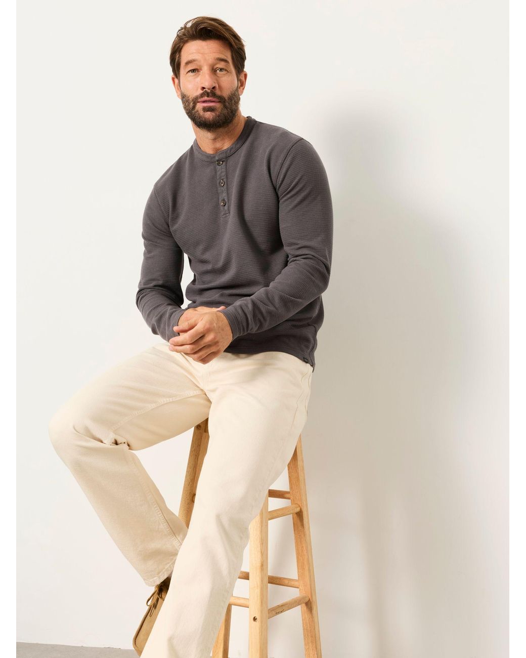 FatFace Gray Henley Long Sleeve Textured T-Shirt for men