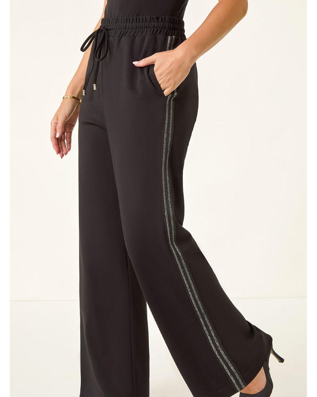 Roman Black Petite Drawstring Side Stripe Trousers