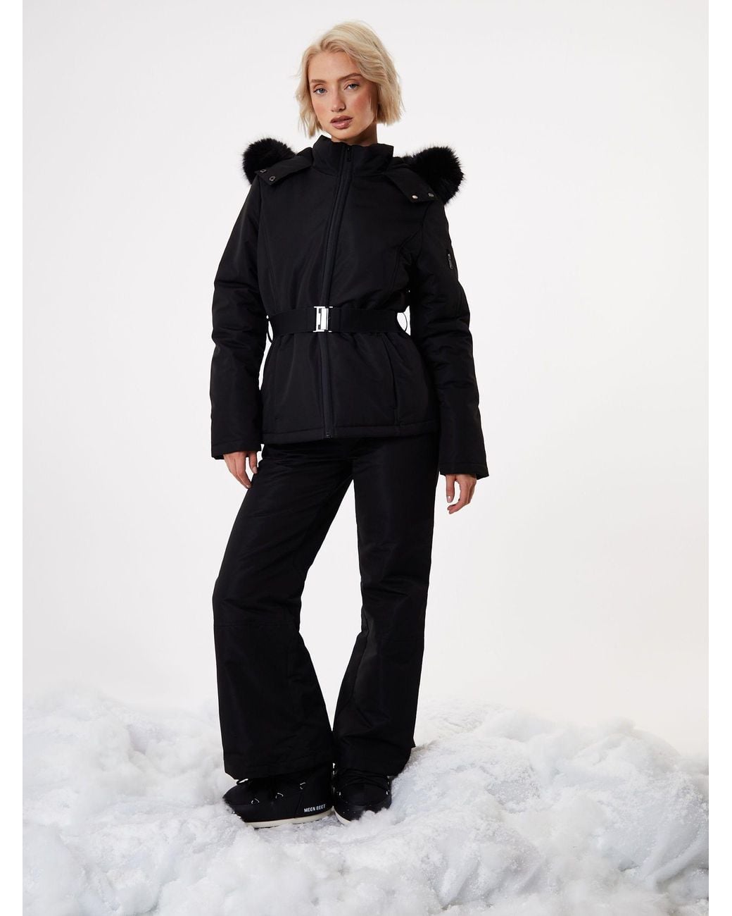 Threadbare Black Belted Padded Ski Jacket
