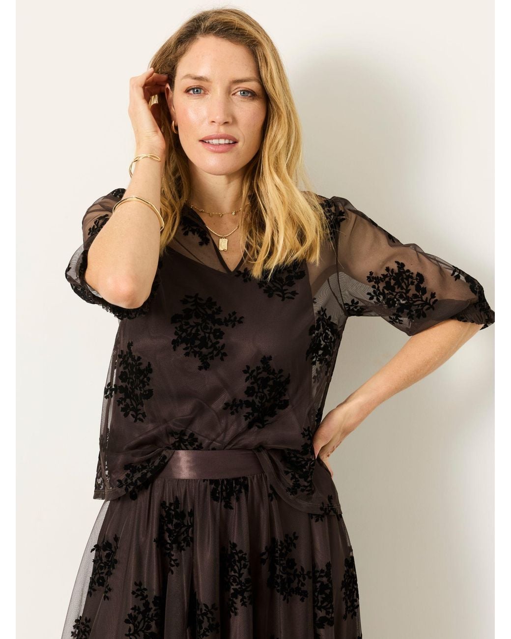 FatFace Brown Fleur Flocked Tulle Blouse