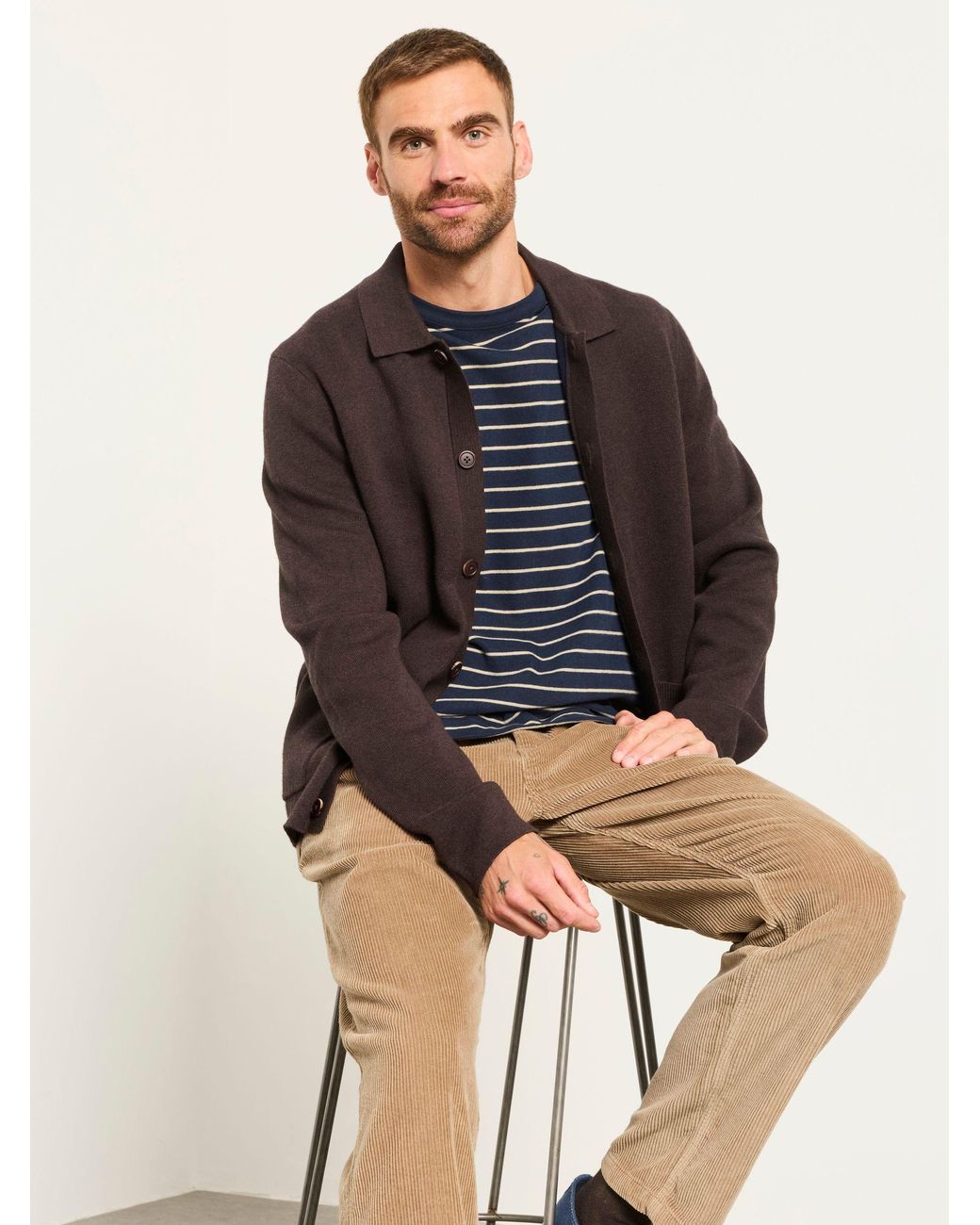 FatFace Black Fatface Kieran Chocolate Knitted Collared Button Front Cardigan for men