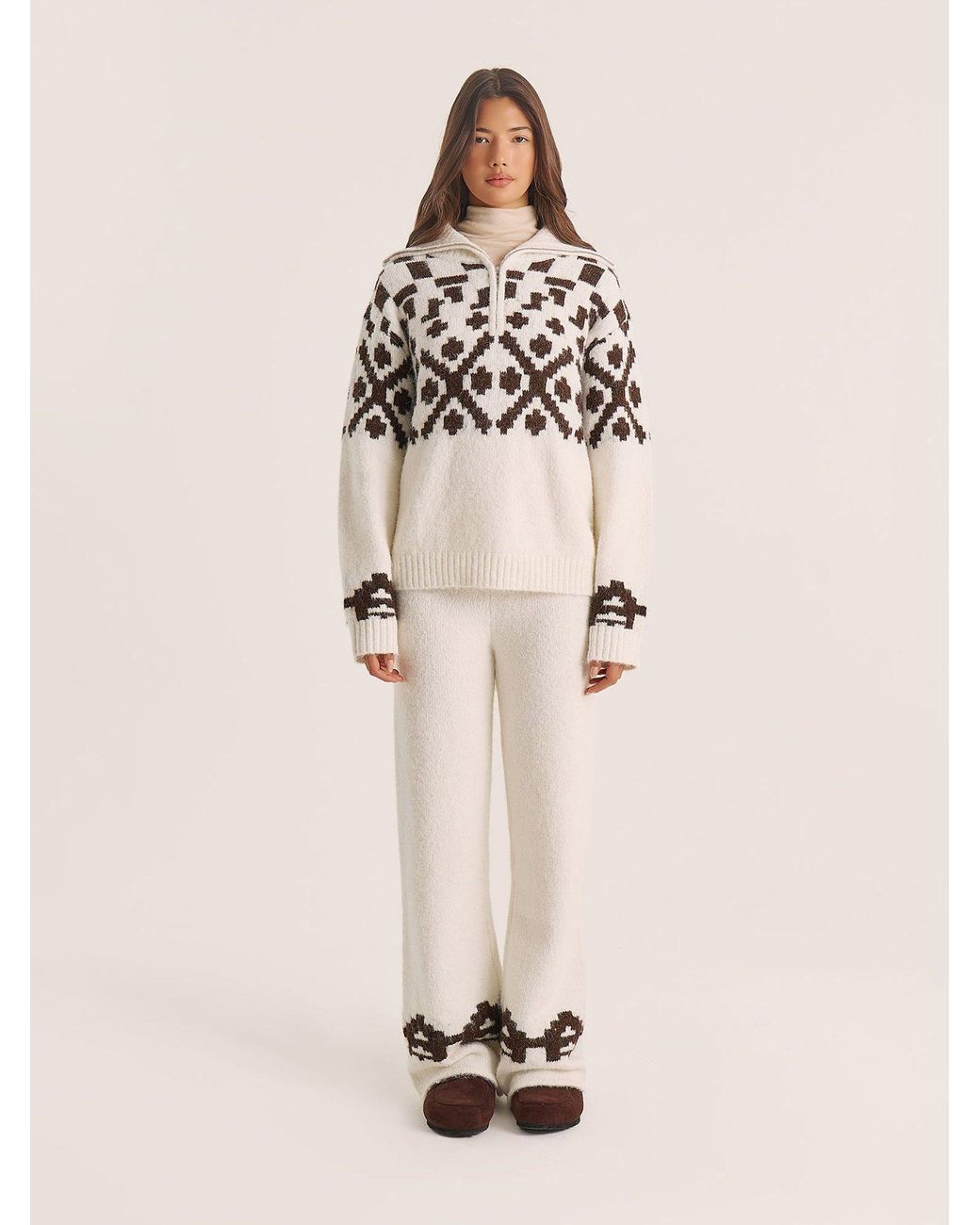 4th & Reckless Natural Janine Fairisle Knitted Zip Up Jumper