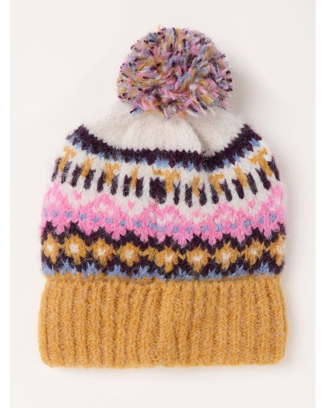 FatFace Pink Fatface Luna Mustard Fairisle Bobble Hat