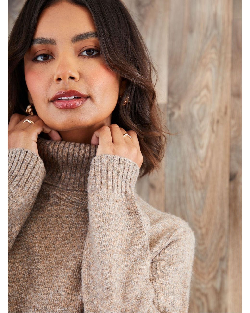 Threadbare Natural Roll Neck Knitted Mini Dress
