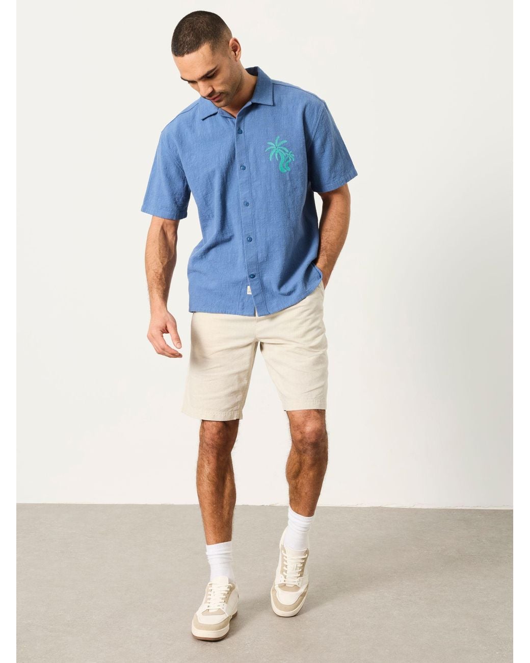 FatFace Blue Fatface Short Sleeve Relaxed Fit Graphic Placement Embroidery Shirt for men