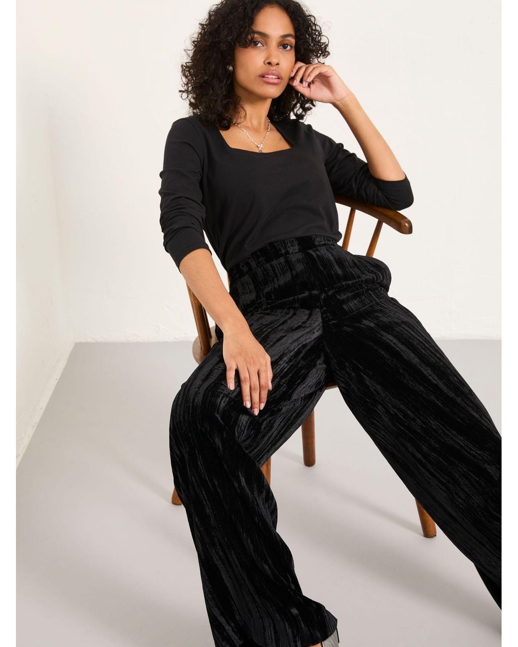 FatFace Black Hetty Wide Leg Crinkle Velvet Trousers
