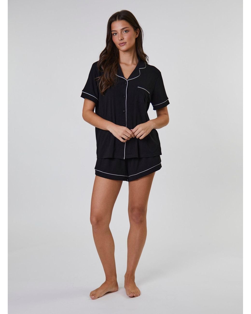 Loungeable Black Trim Soft Rib Short Sleeve Button Through Pyjamas