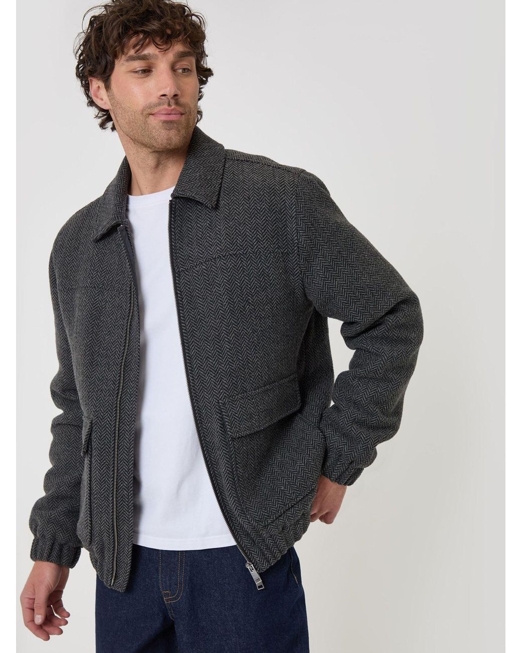 Threadbare Blue Herringbone Faux Wool Collared Jacket for men