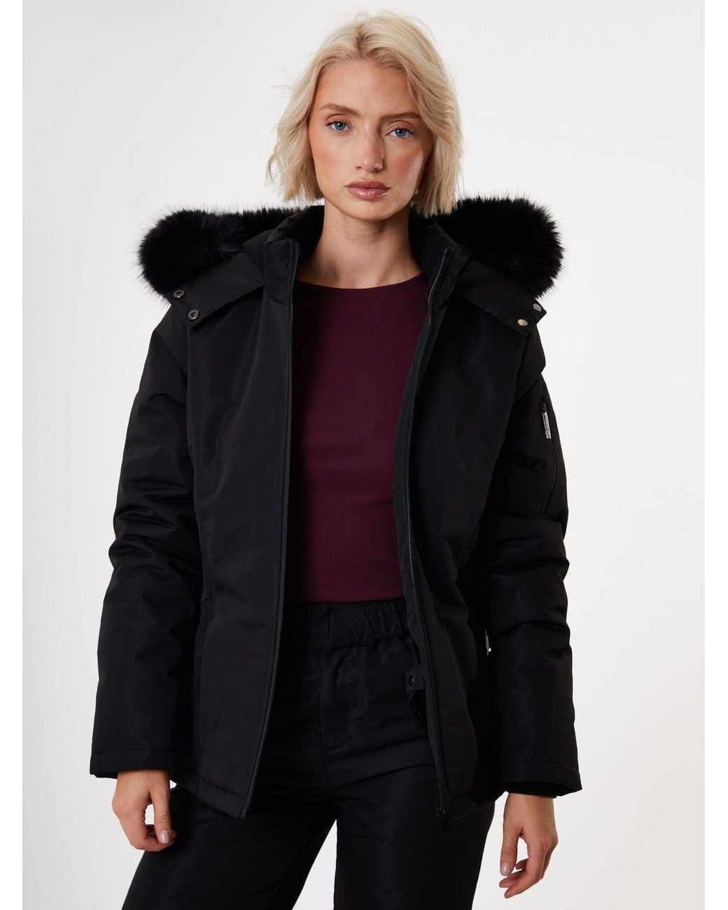 Threadbare Black Belted Padded Ski Jacket