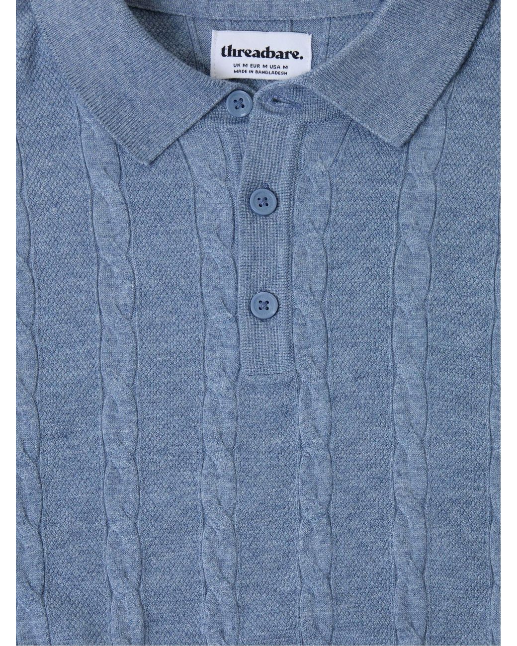 Threadbare Blue Cable Stripe Knitted Button Polo Shirt for men
