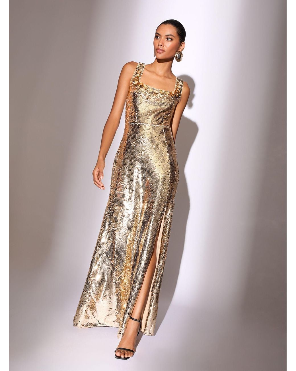 Cowl Neck Lipsy Gold Dress Lipsy Premium Flower Trim Sequin Square Neck Maxi  Dress In Black