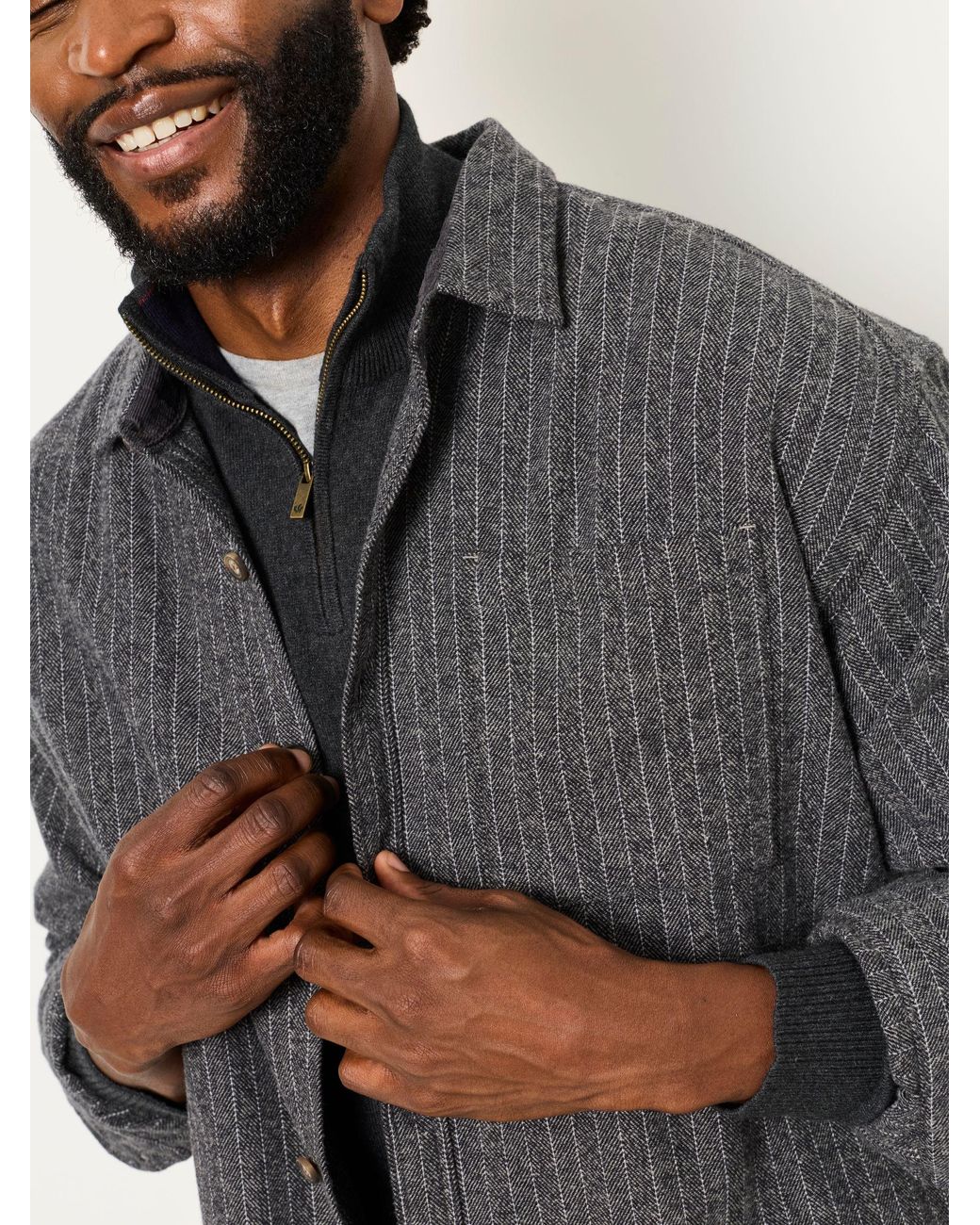 FatFace Gray Fatface Long Sleeve Relaxed Fit Herringbone Stripe Brushed Shirt for men