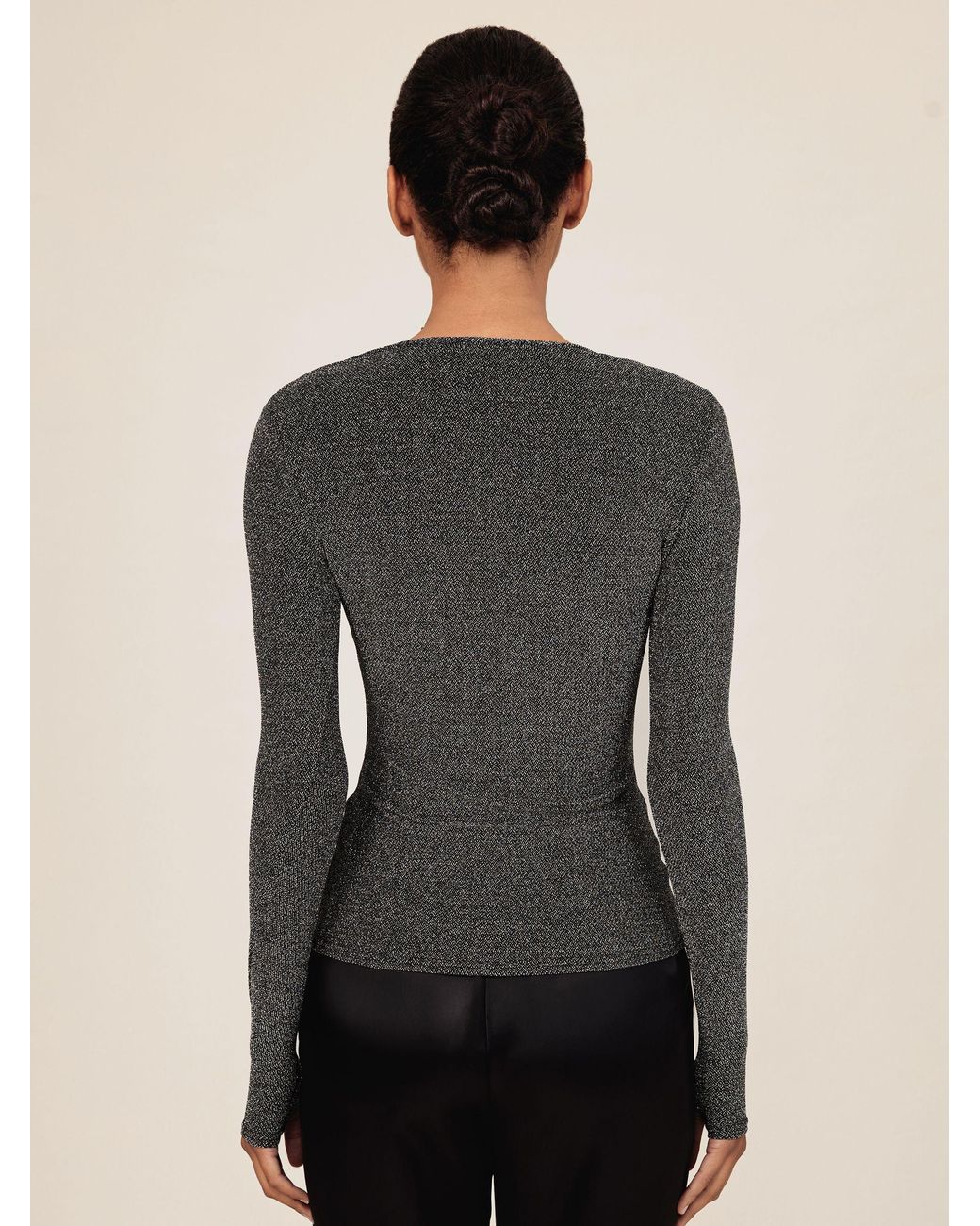 Reiss Gray Metallic-Knit Long-Sleeve Top