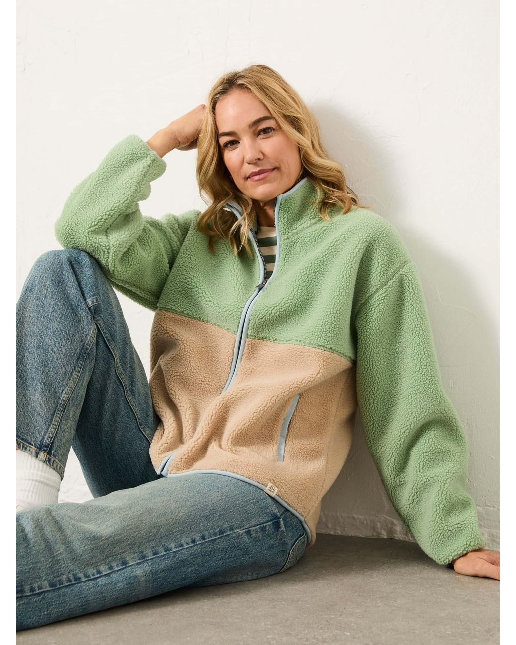 FatFace Green Colour Block Zip Through Fleece