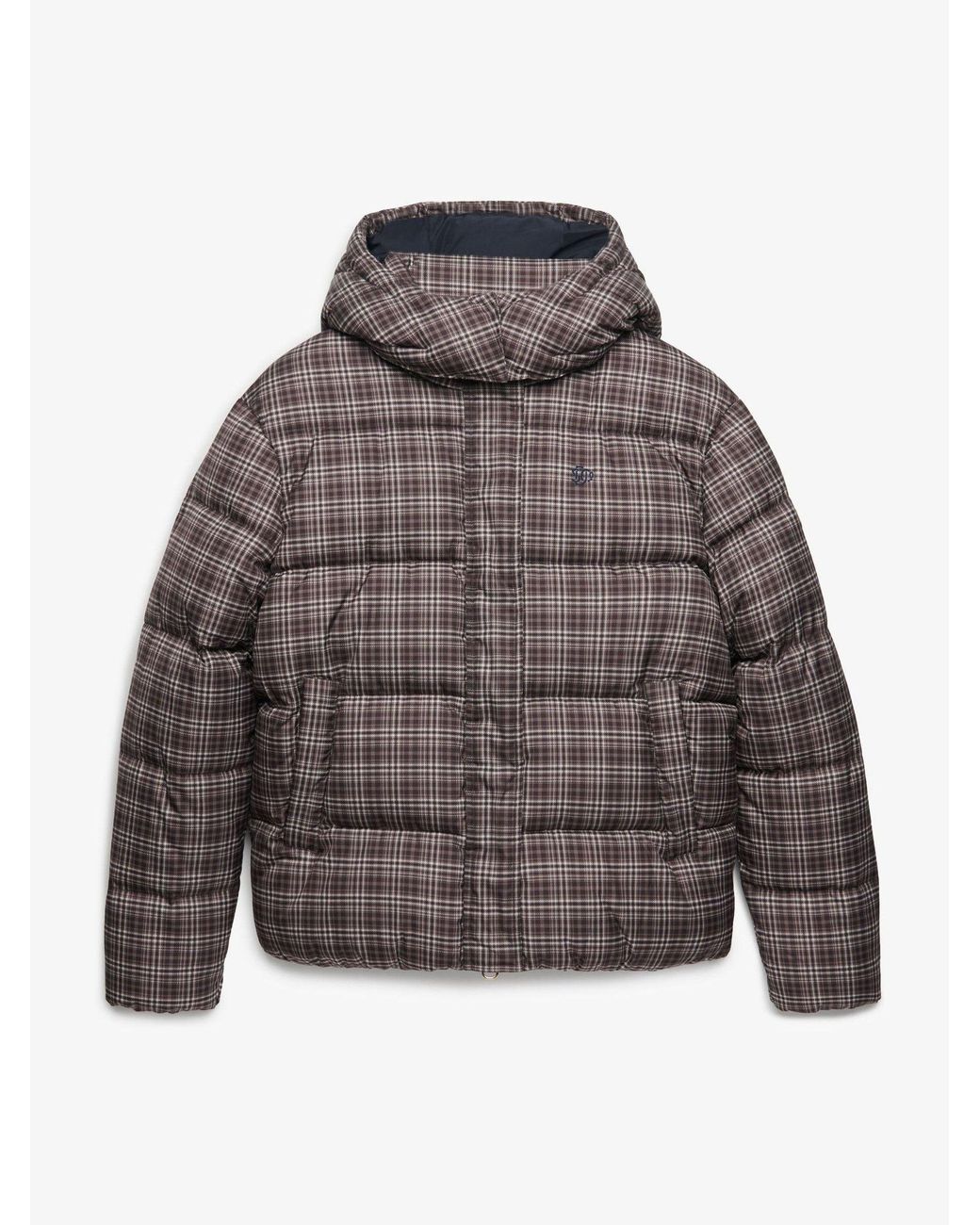 Superdry Gray Printed Check Premium Hooded Puffer Jacket