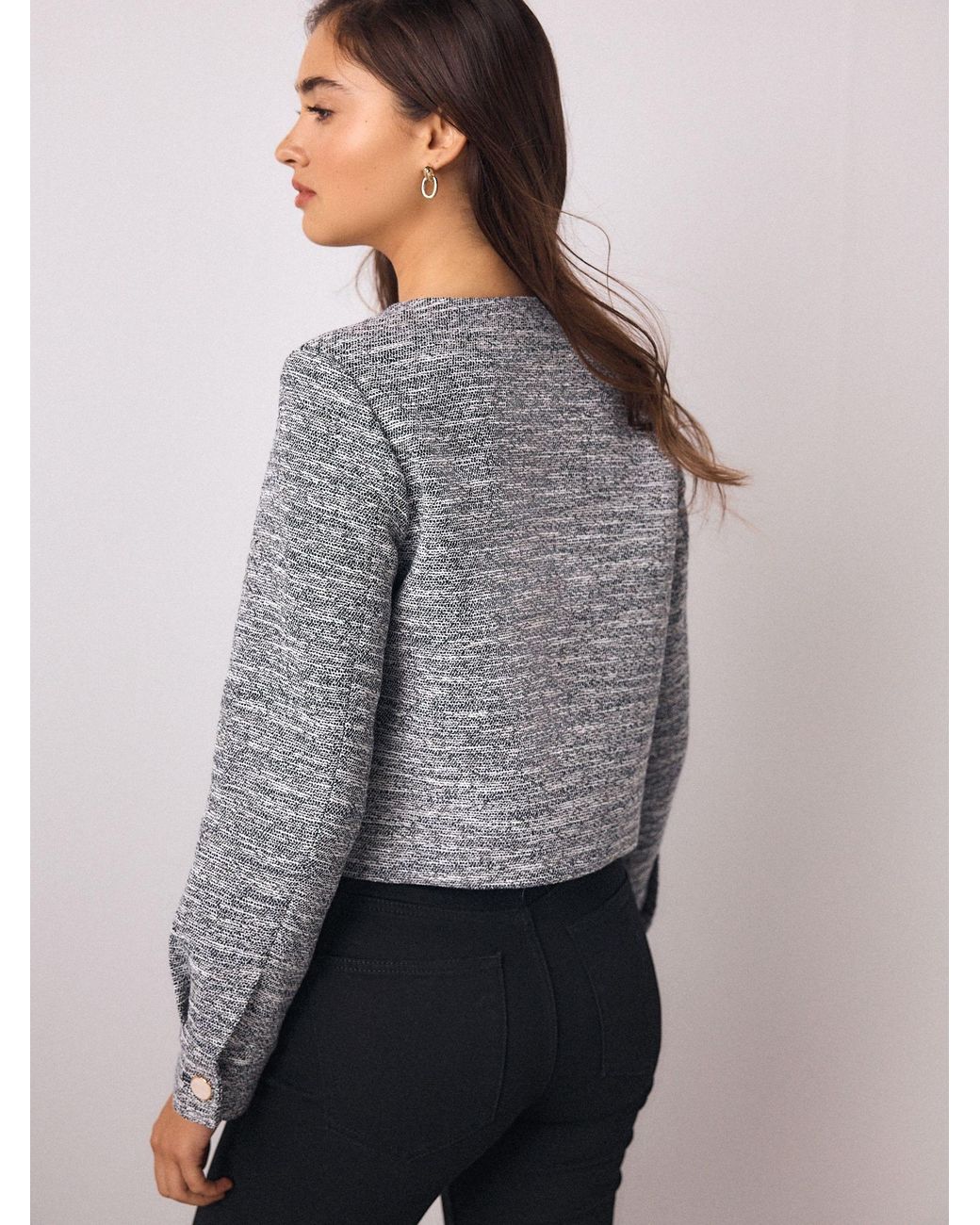 Next Blue Marl Boucle Scallop Collarless Jacket