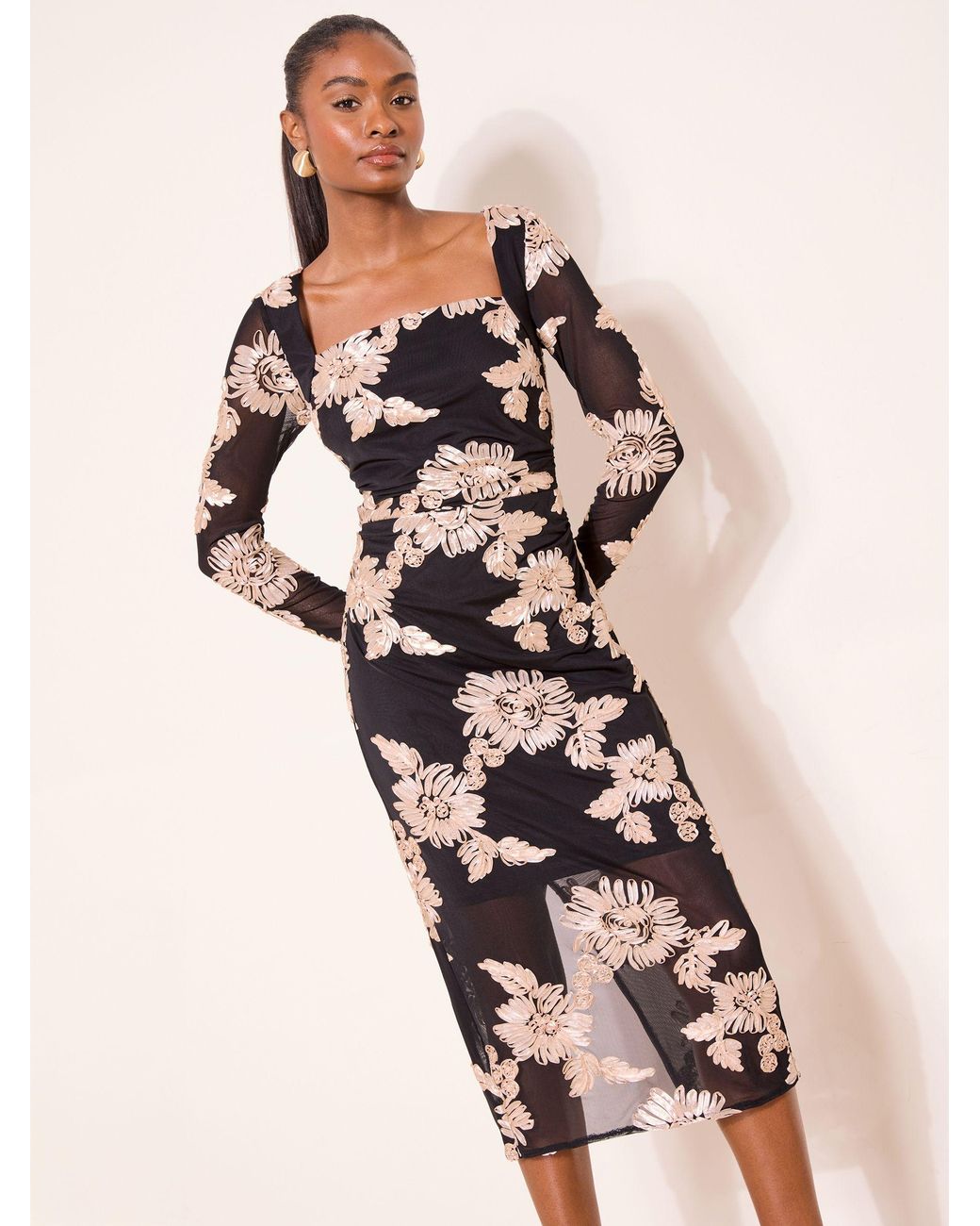 Lipsy Square Neck Floral Long Sleeve Bodycon Mesh Midi Dress in Natural