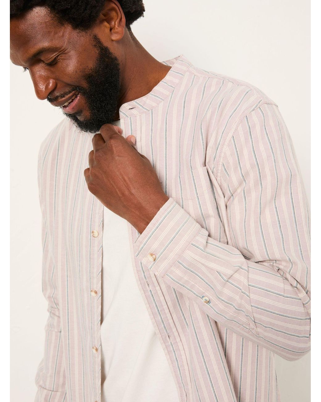 FatFace Brown Fatface Long Sleeve Oxford Stripe Grandad Shirt for men