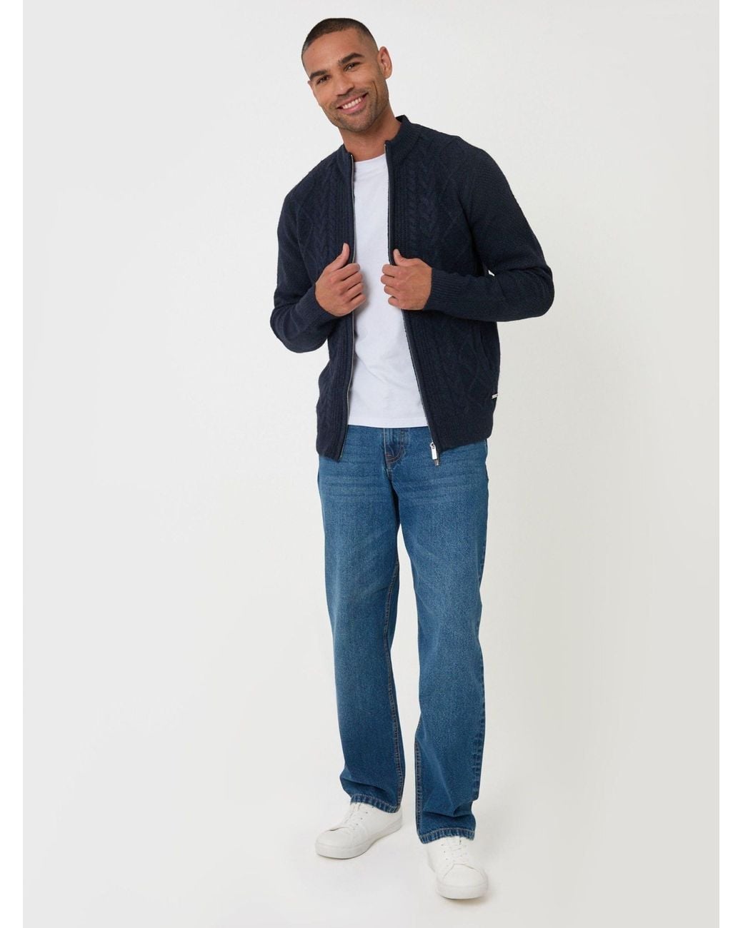 Threadbare Blue Cable Knit Zip Through Jumper for men