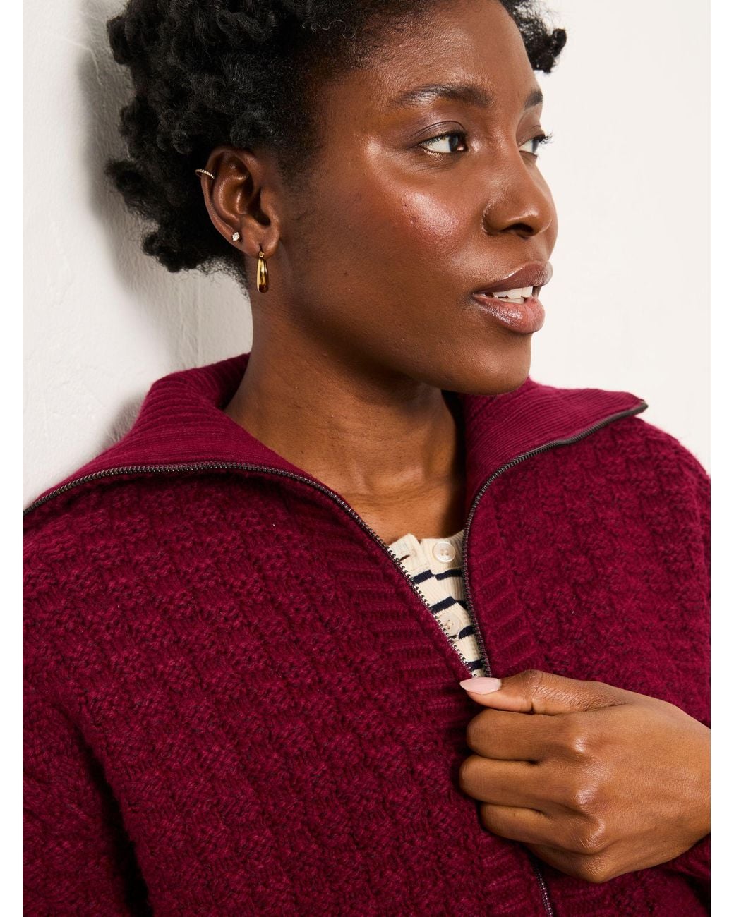 FatFace Red Casey Zip Through Funnel Neck