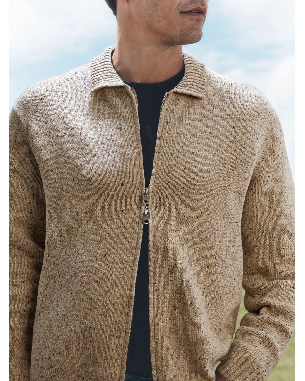 Next Natural Neutral Zip Up Knitted Jacket With Wool for men