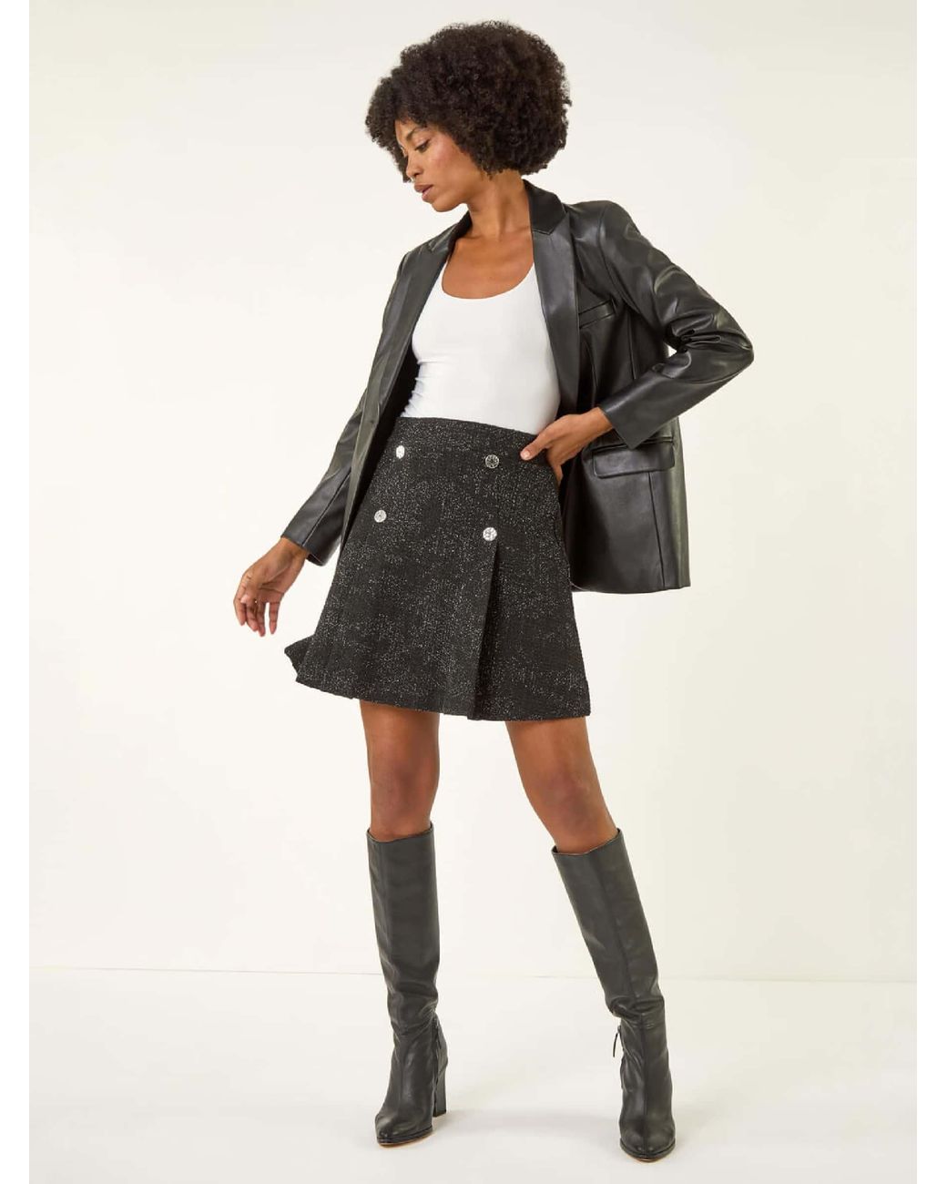 Roman Black Pleated Box Button Skirt
