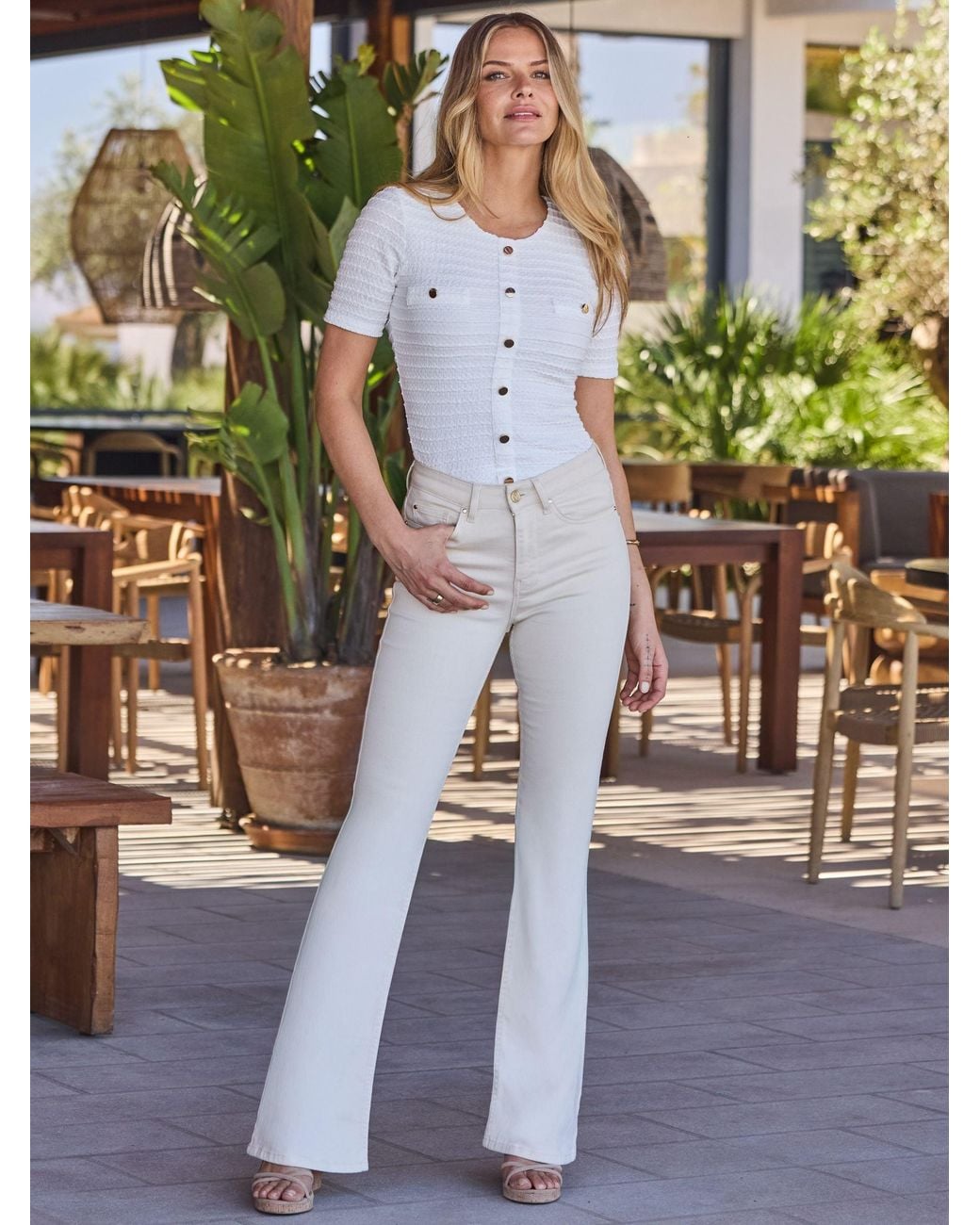 Sosandar White Textured Button Front Top