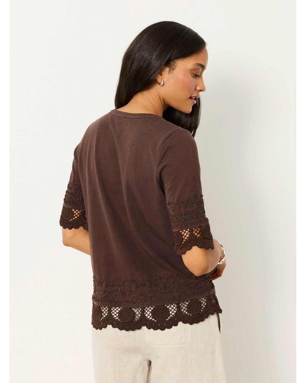 FatFace Brown Chloe Crochet Detail T-Shirt