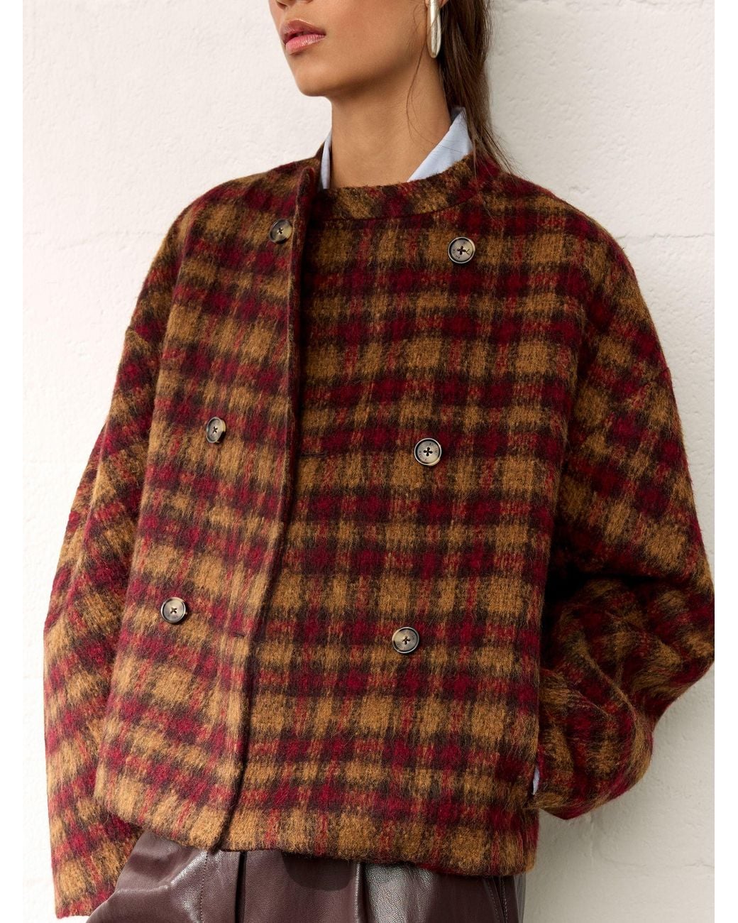 BHOEM Brown Multi Checked Mao Collar Jacket With Wool