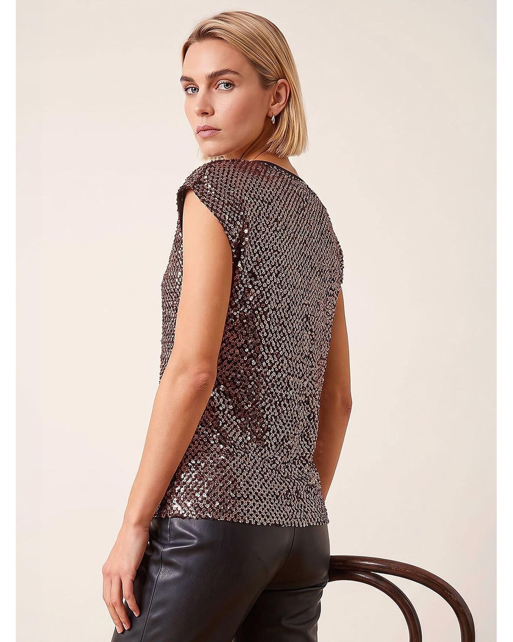 Roman Green Sequin V-Neck Stretch Top