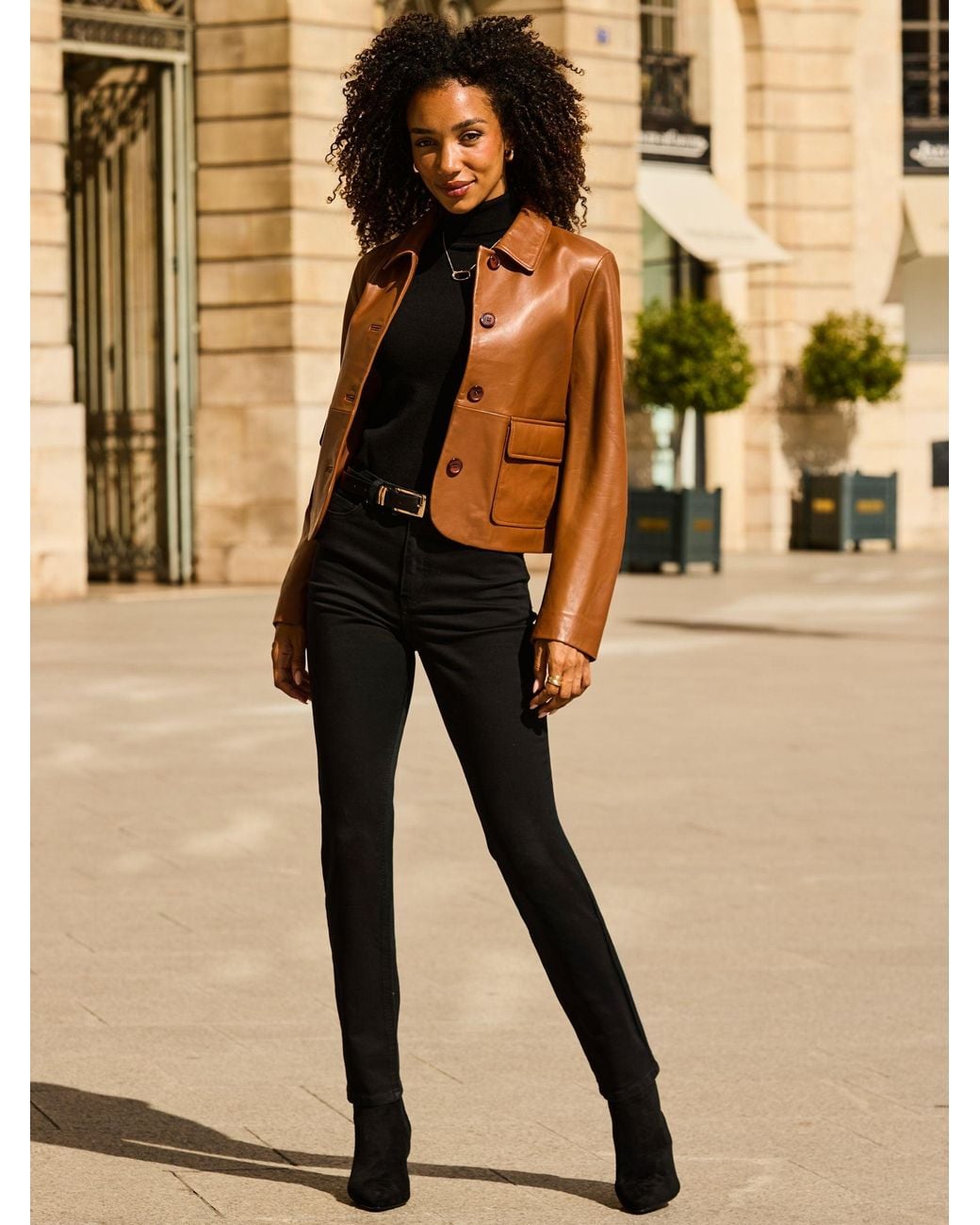 Sosandar Brown Leather Button Front Jacket
