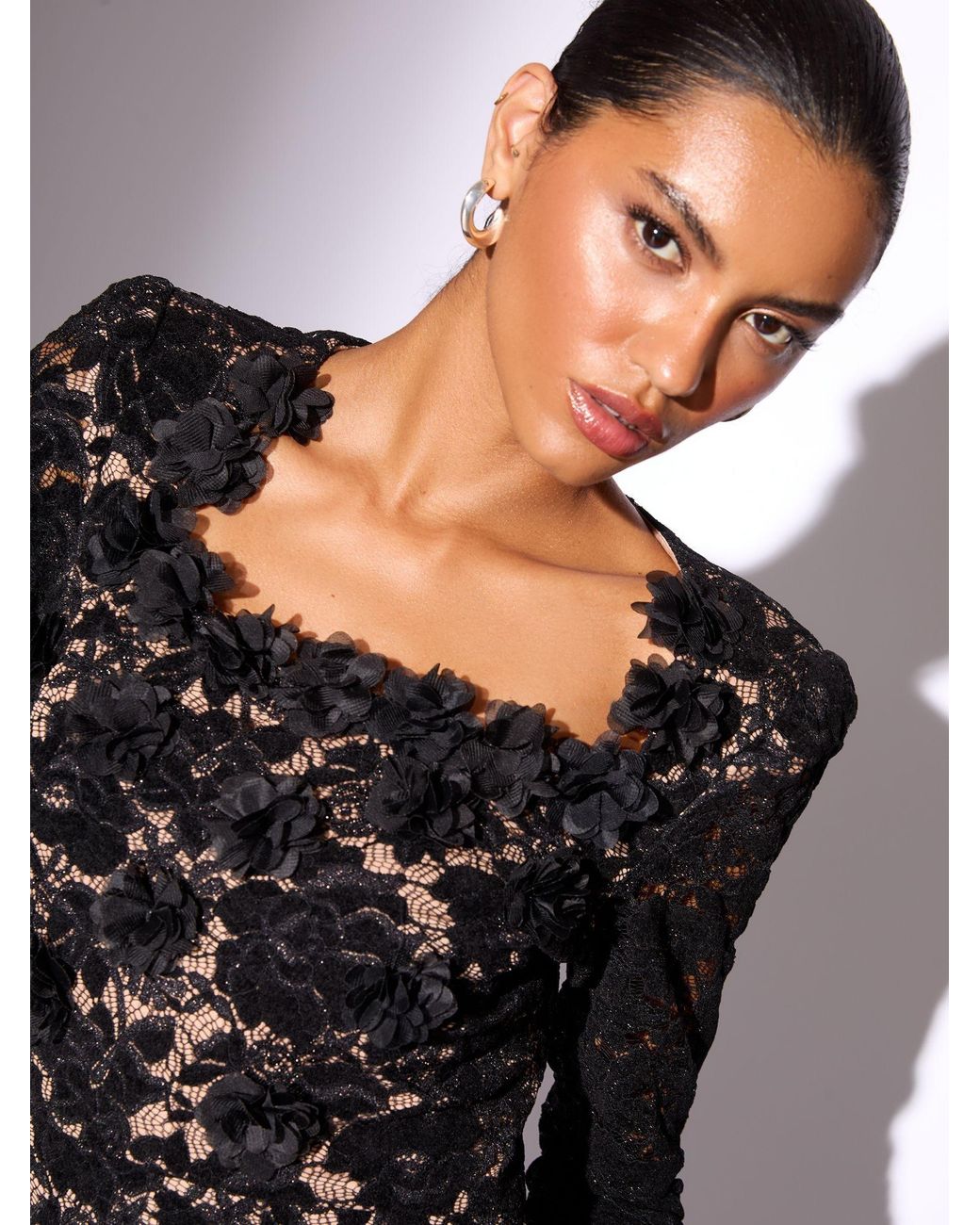 Lipsy Petite Premium 3D Floral Print Lace Long Sleeve Bodycon Midi Dress in  Black | Lyst