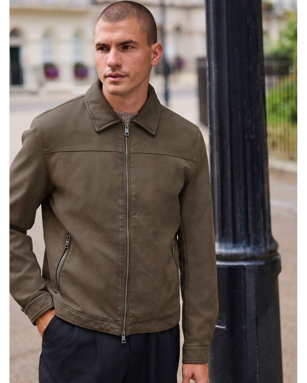 Next Green Faux Leather Collared Jacket for men