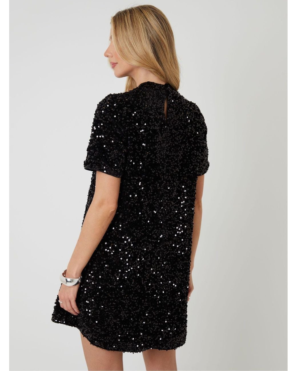 Threadbare Black High Neck Sequin Velour Mini Dress