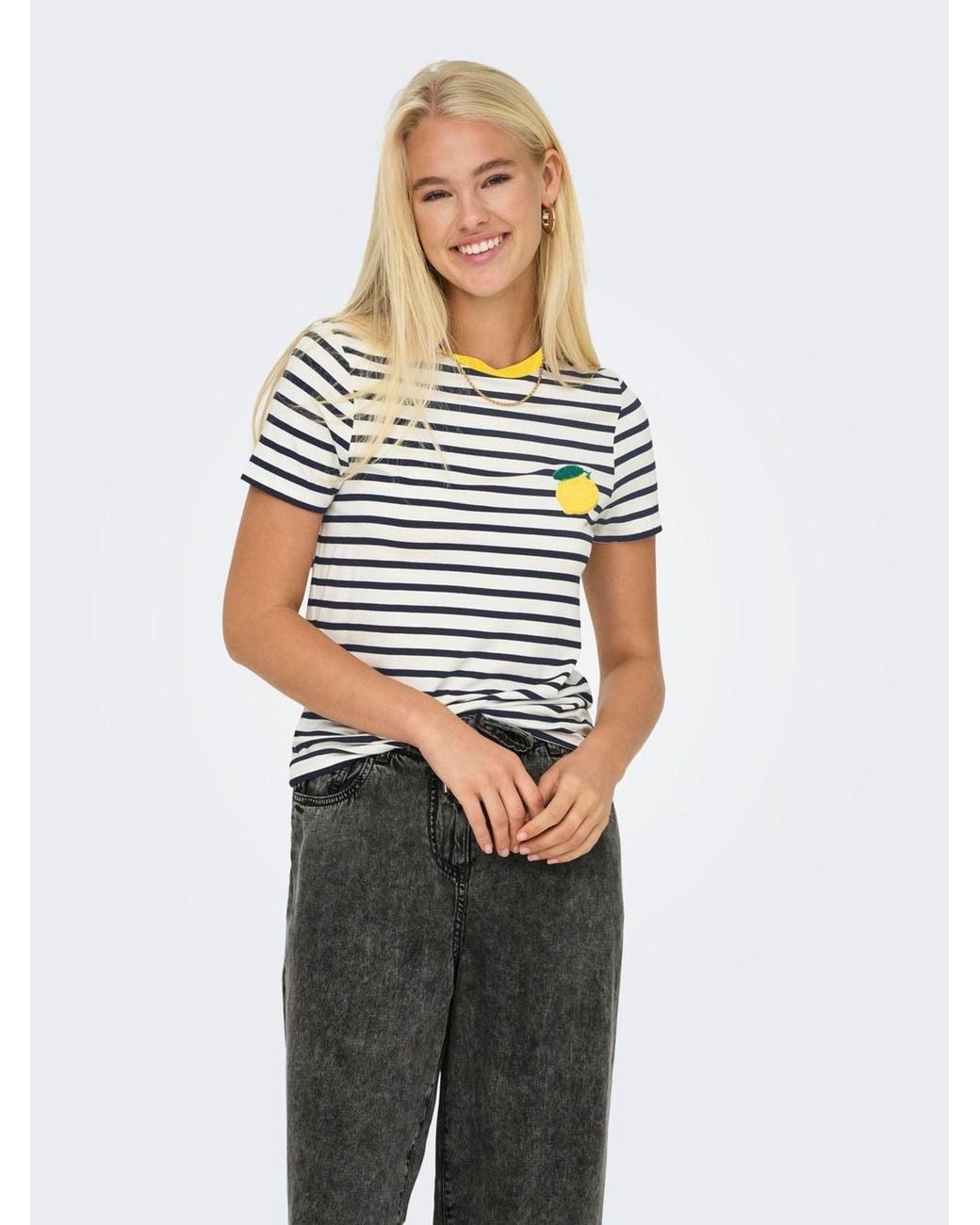 ONLY White Lemon Embroidered Stripe T-Shirt