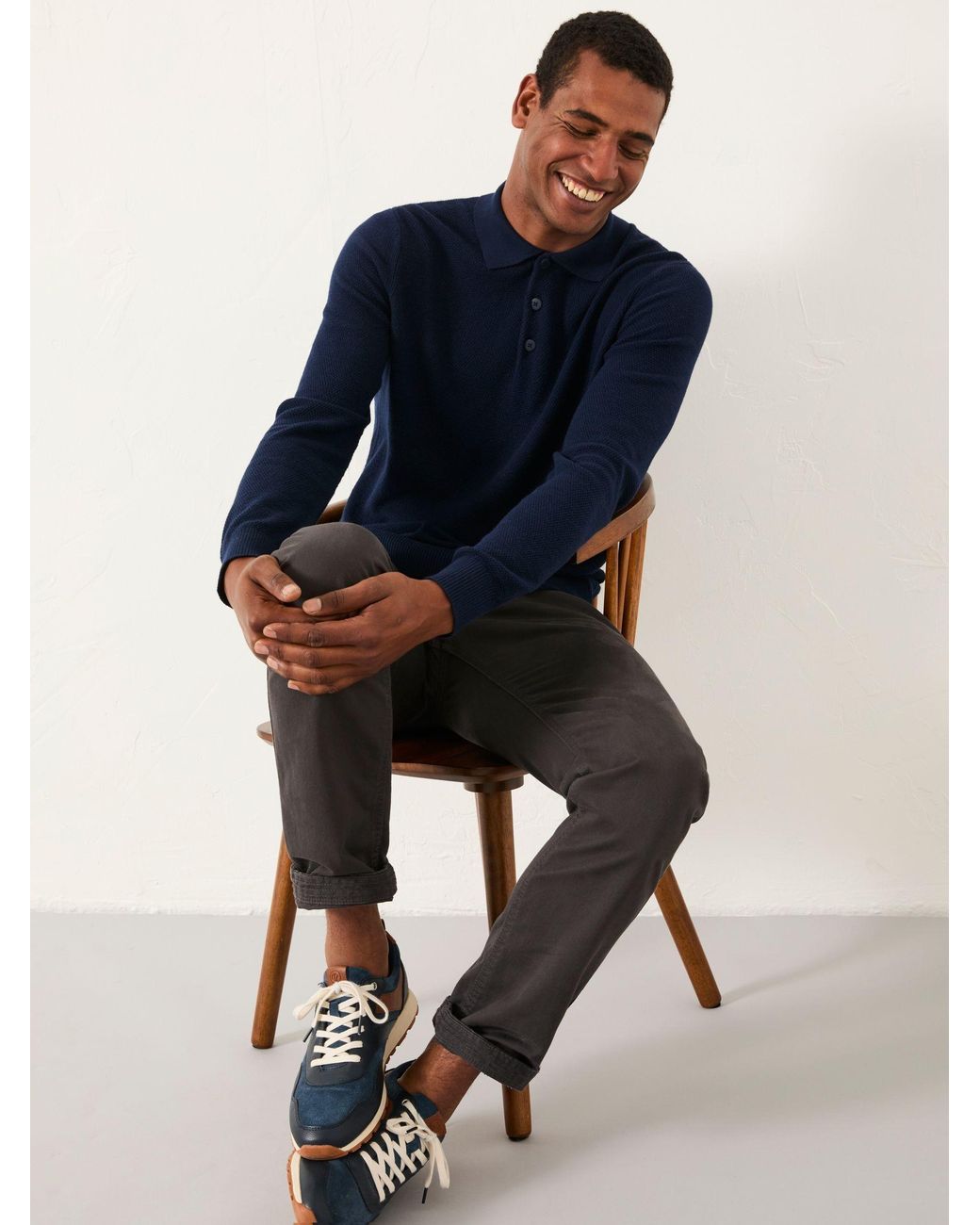 FatFace Blue Row Textured Knitted Button Polo for men