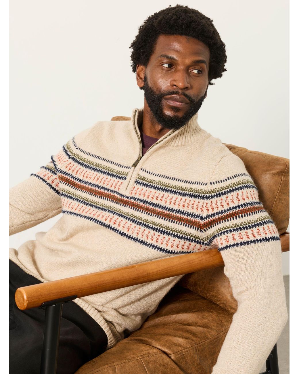 FatFace Natural Fatface Selkirk Light Pattern Quarter Zip Knitted Jumper for men