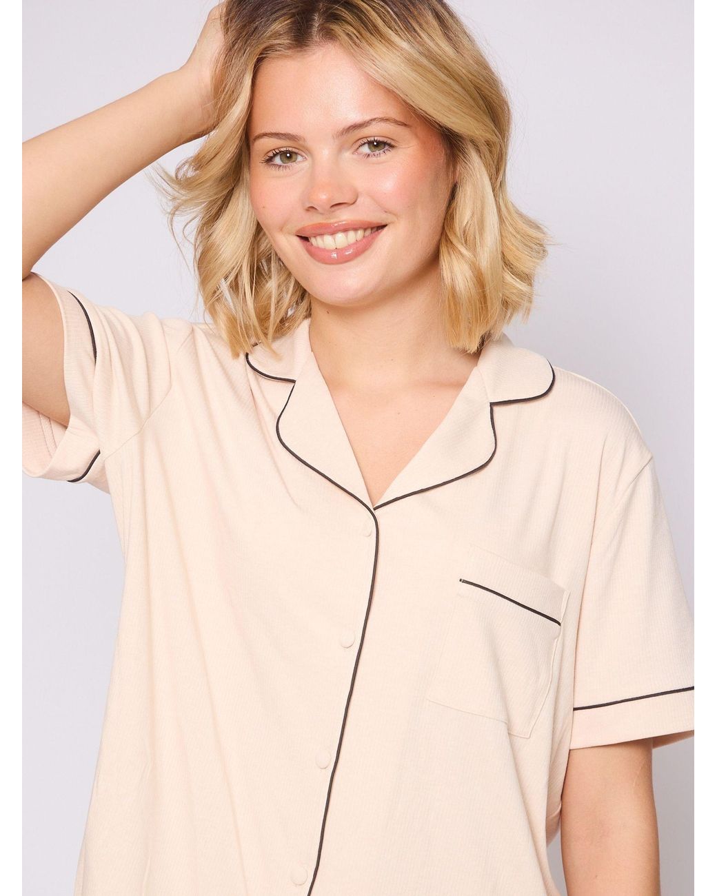 Loungeable Natural Trim Short Sleeve Soft Rib Button Through Pyjamas