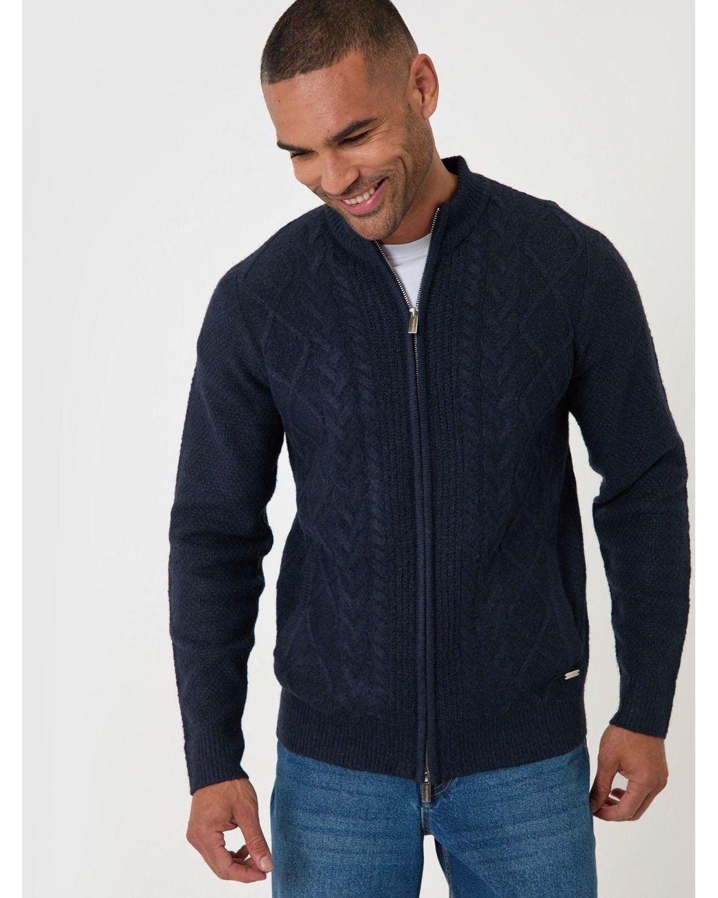 Threadbare Blue Cable Knit Zip Through Jumper for men