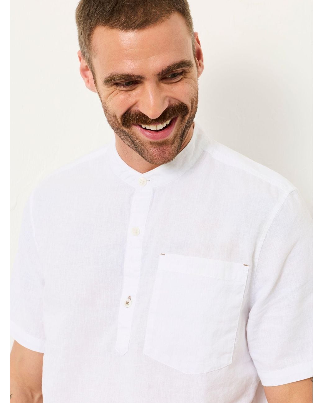 FatFace White Fatface Bugle Short Sleeve Grandad Popover Shirt for men