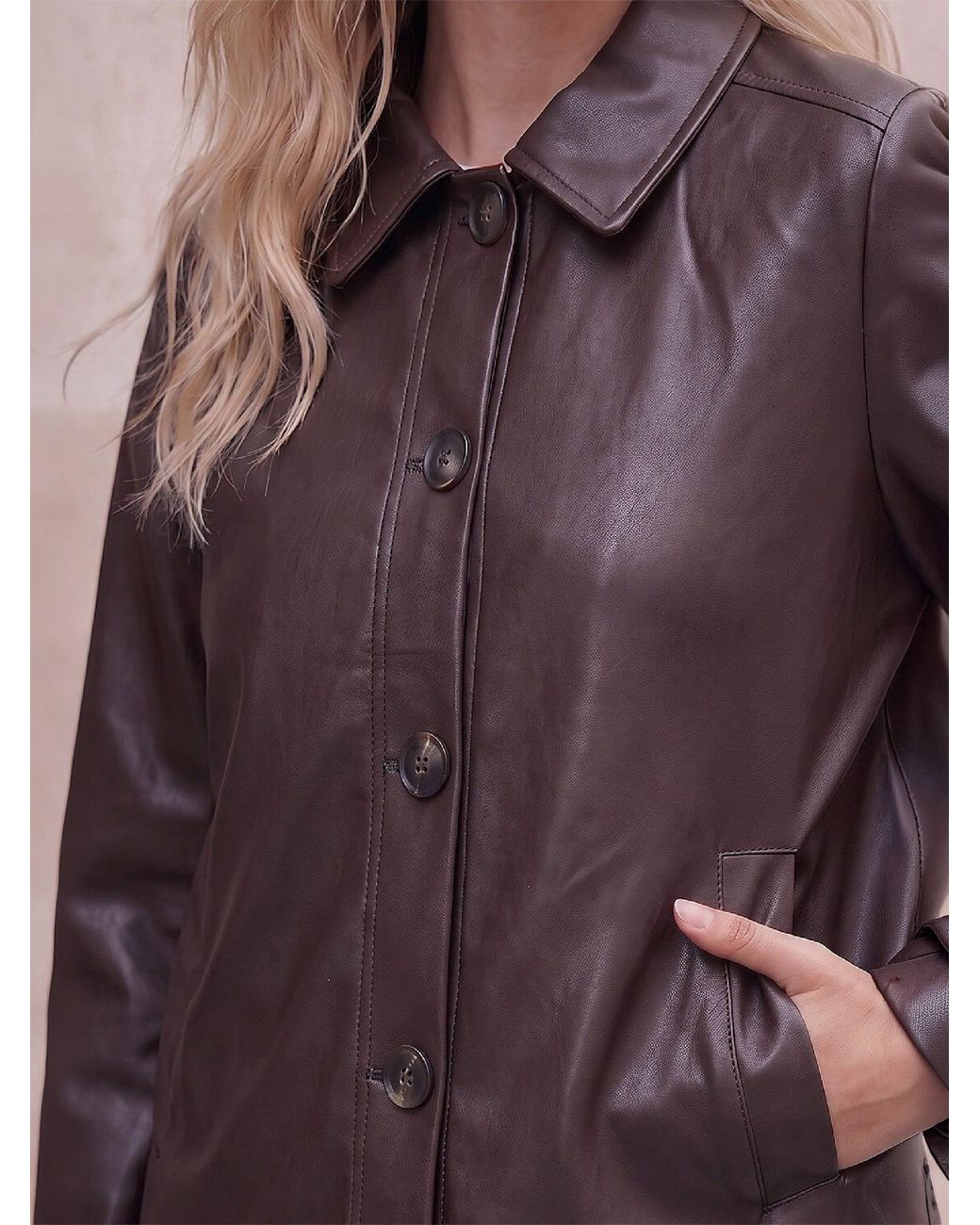 Roman Brown Petite Pu Button Jacket