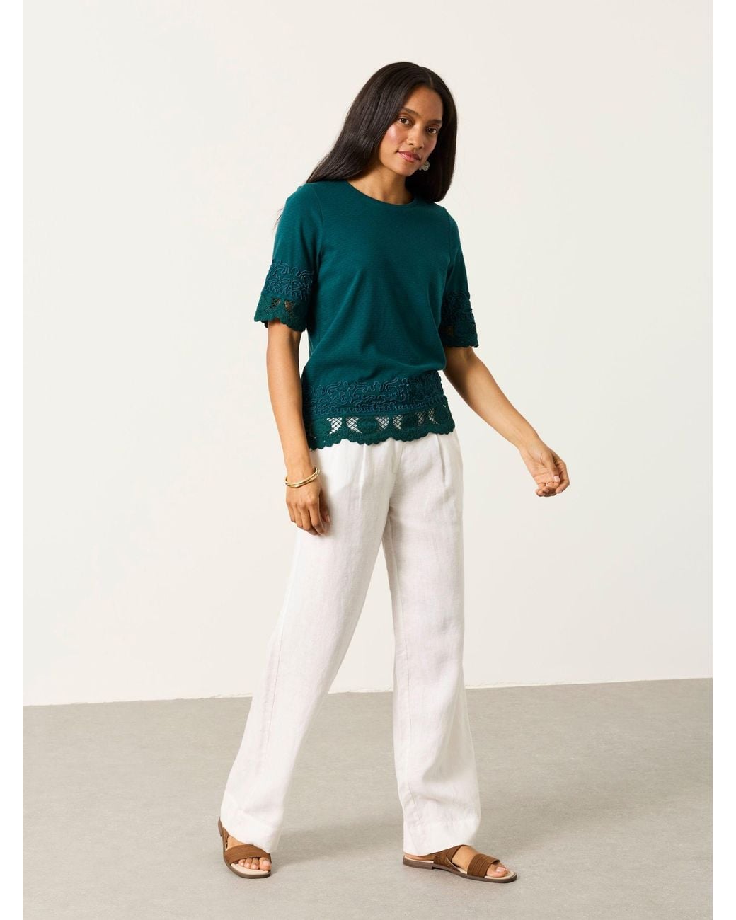 FatFace Green Chloe Crochet Detail T-Shirt