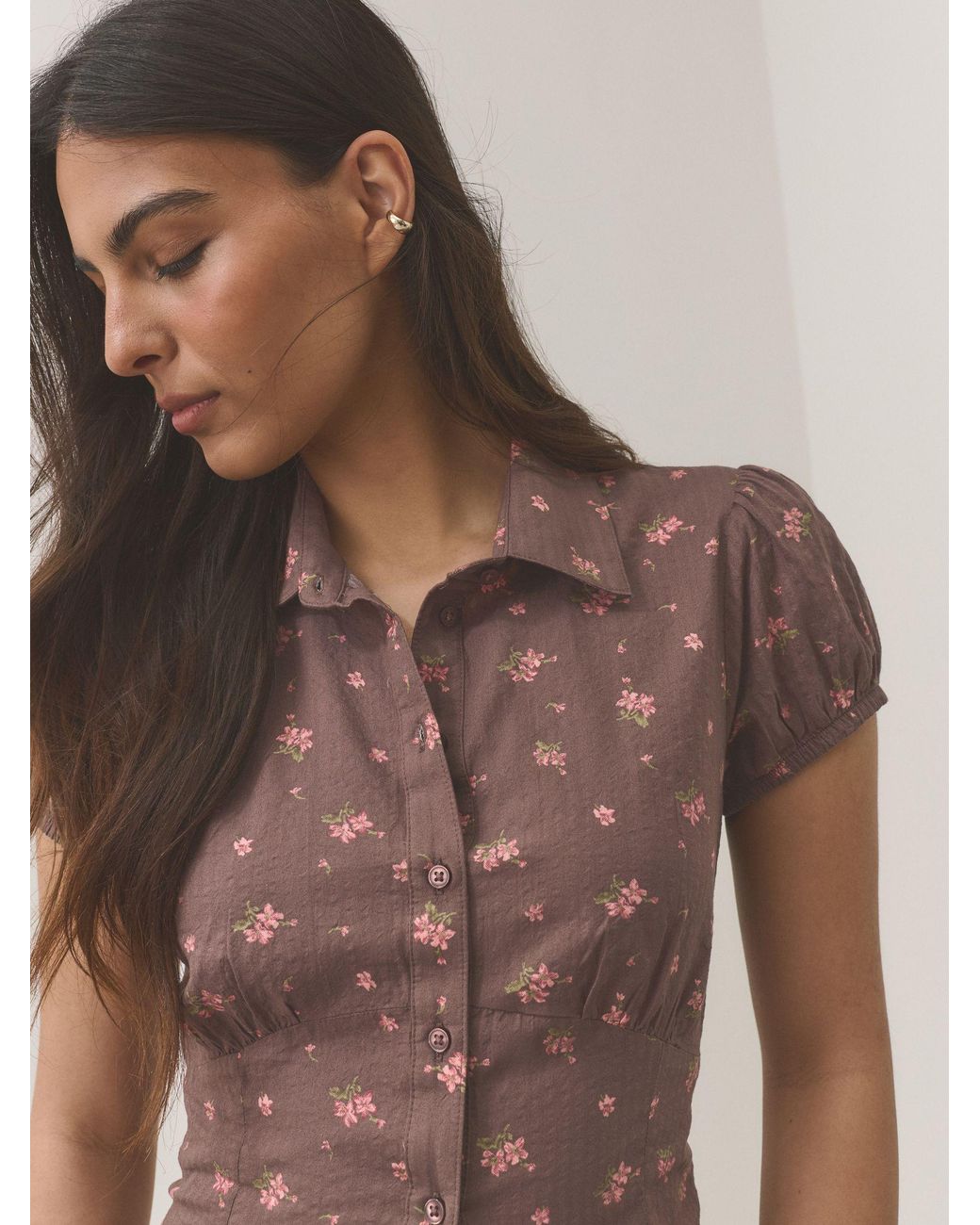 Next Brown Short Sleeve Button Front Top