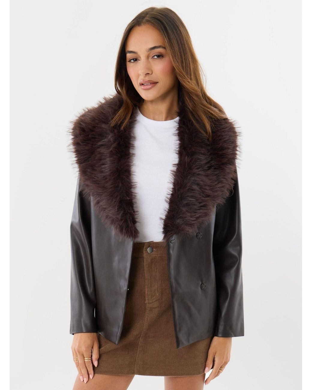 Threadbare Black Belted Faux Fur Collar Jacket