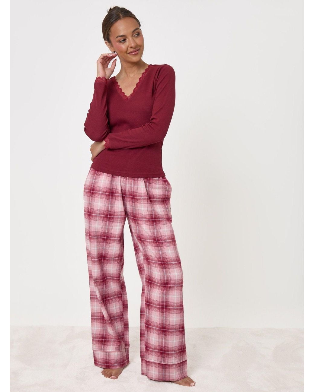 Threadbare Pink V-Neck Top & Flannel Bottoms Pyjamas Set