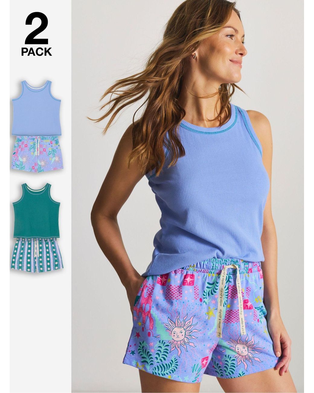 Simply Be Blue Pretty Secrets Ribbed Pyjamas 2 Pack